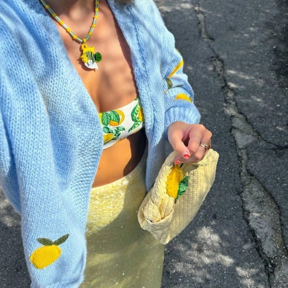 Baby Blue Casual Women's Lemon Pattern V-Neck Long Sleeve Knitted Cardigan - Picture 4 of 5